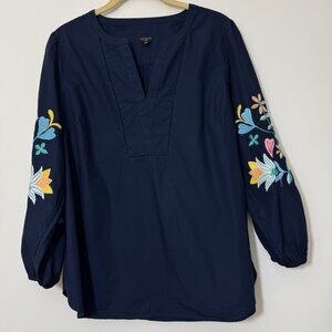 Talbots Embroidered Poplin Blouse Women’s Size L Petite Coastal Boho